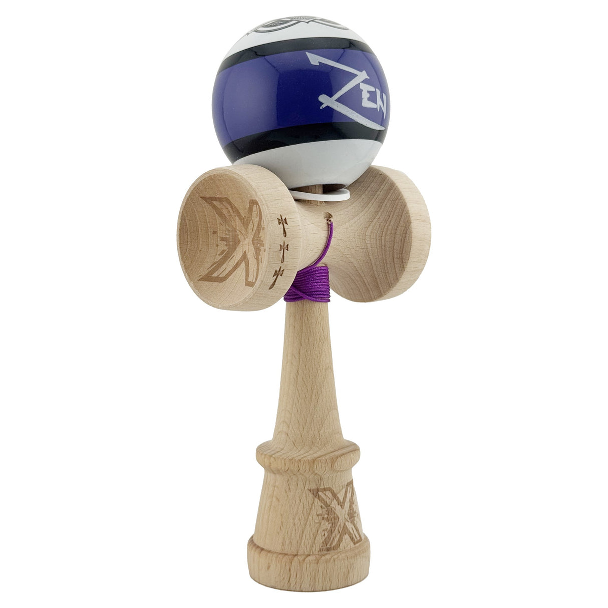 Kendama X Zen Series Originala, Profesionala, Vivimall, Super Sticky cu Cupe Mari V3, King Size Cups, Rulment Metalic si Gaura in Baza, din Lemn 18 cm, Ata 55 cm, Violet