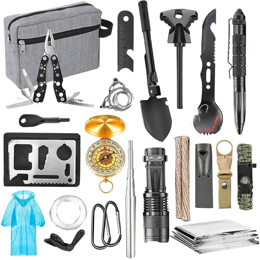 Kit supravietuire multifunctional Vivimall, Instrumente profesionale, Agatatoare ghiozdan, pentru Camping, Drumetii, Aventuri in aer liber, borseta inclusa, gri - vivimall.ro