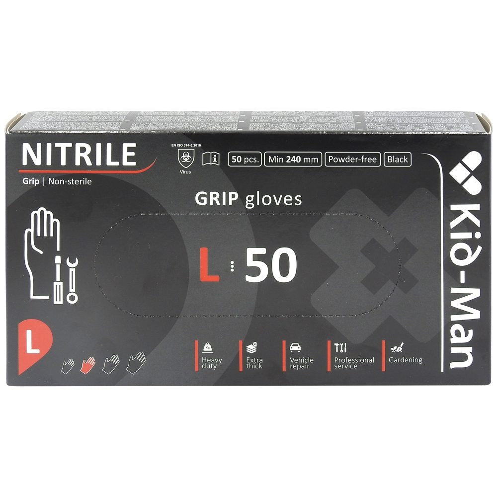 Kid-man Nitril Grip N50 Pormentes Fekete L Kesztyű 50 db
