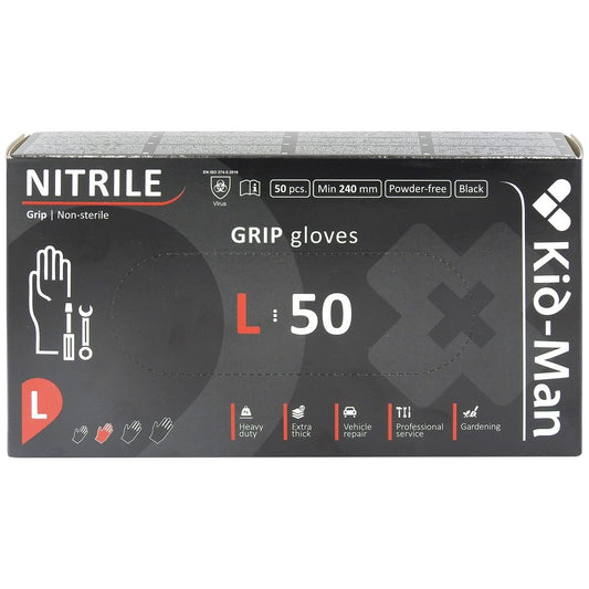Kid-man Nitril Grip N50 Pormentes Fekete L Kesztyű 50 db