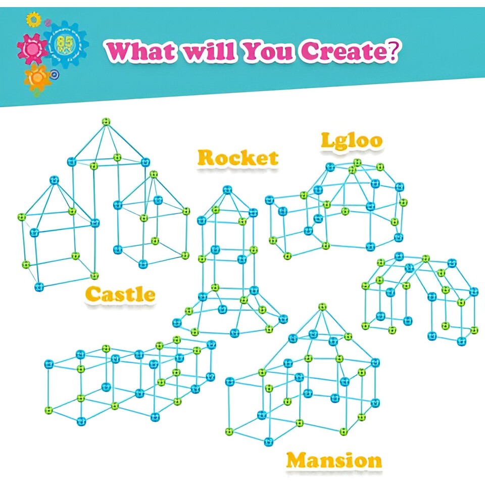 Kit de Constructie Fort 3D pentru Copii, Vivimall, 560 g, 36 Sfere, 51 Tije, Panza Verde Impermeabil, 3 ani, Educativ, Multicolor - vivimall.ro