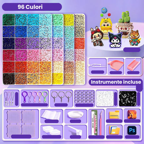 Detaliu set mărgele perle multicolor 2.6 mm, plăci asamblare, pensetă și tăvițe sortare incluse în pachet