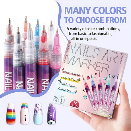 Kit Nail Art, Flippy, Set 12 Markere Acrilice Pentru Unghii, Varf Ultra Fin 0.5 mm, 13 x 10 cm, Multicolor - vivimall.ro