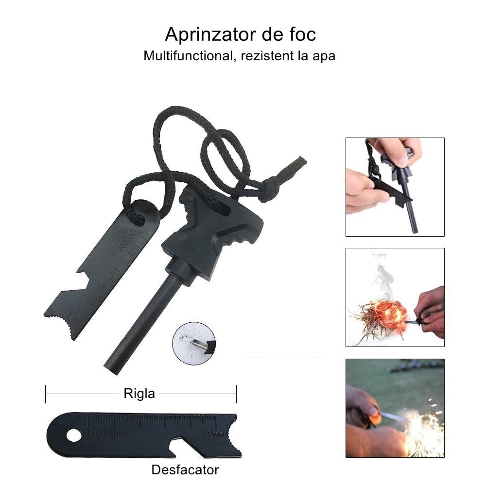 Kit supravietuire multifuncional Flippy, 42 de Instrumente Profesionale, Echipament de prim-ajutor, Drumetie, Camping, Negru - vivimall.ro