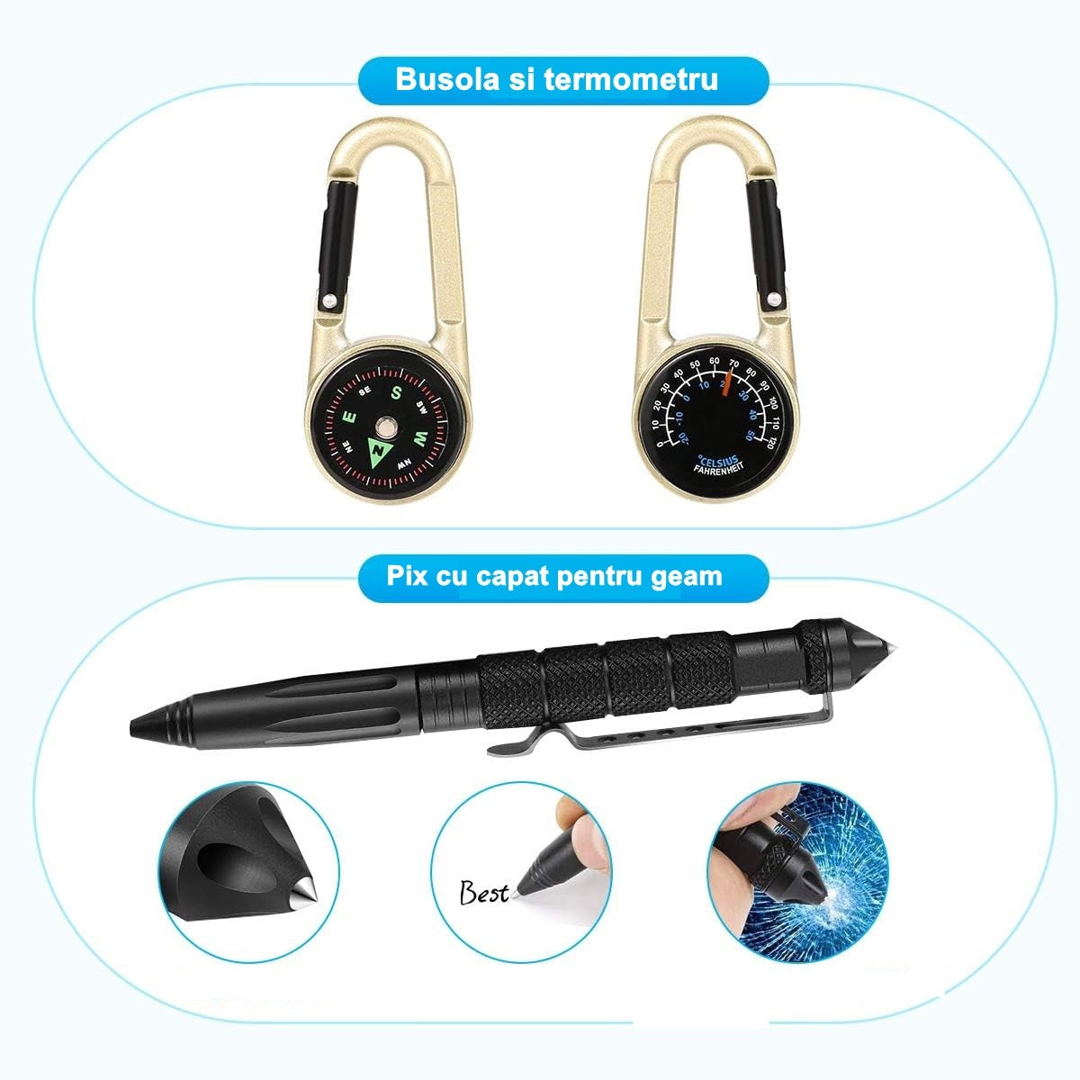 Kit supravietuire multifunctional 13 in 1 Vivimall, Instrumente profesionale, agatatoare ghiozdan, pentru Camping, Drumetii, Aventuri in aer liber, borseta inclusa, model cutie, negru - vivimall.ro