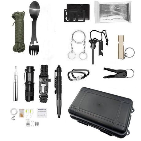 Kit supravietuire multifunctional Vivimall, Instrumente profesionale, Agatatoare ghiozdan, pentru Camping, Drumetii, Aventuri in aer liber, negru - vivimall.ro