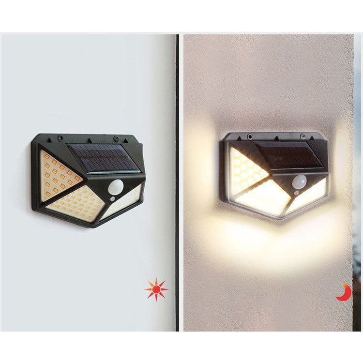 Lampa cu incarcare solara pentru exterior, 100 LED cu distanta de inductie, montaj pe perete, fara cabluri, cu 4 fete, Vivimall - vivimall.ro