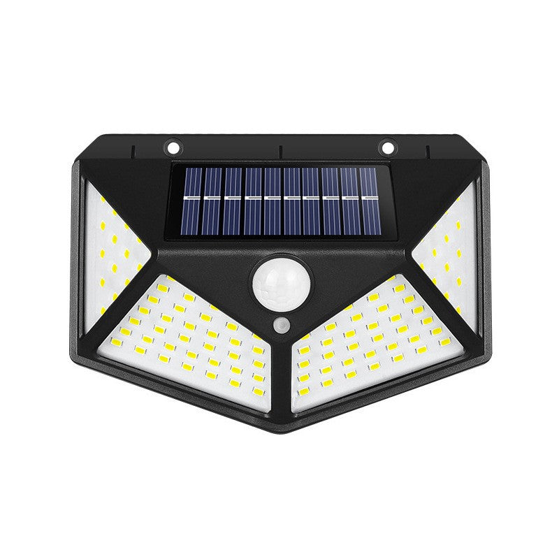 Lampa cu incarcare solara pentru exterior, 100 LED cu distanta de inductie, montaj pe perete, fara cabluri, cu 4 fete, Vivimall - vivimall.ro