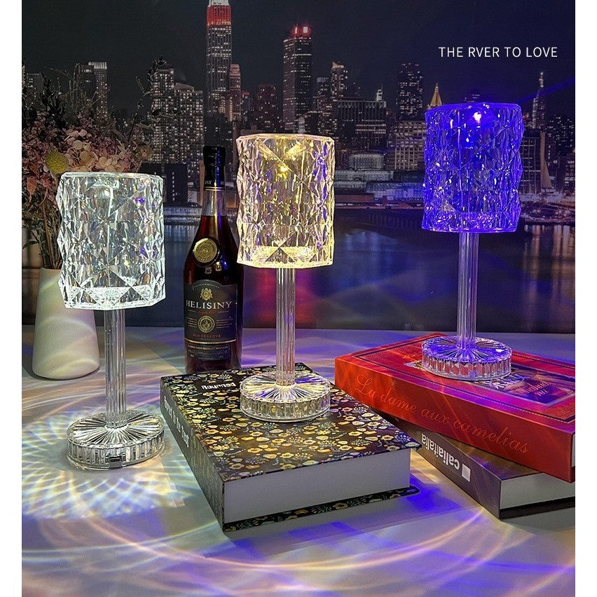 Lampa de birou pe LED RGB 16, Vivimall, dimmer tactil, 3 nivele de intensitate, incarcare USB, 3W, Cristal Acrilic, 13x28 cm, cu telecomanda, forma veioza, transparent - vivimall.ro