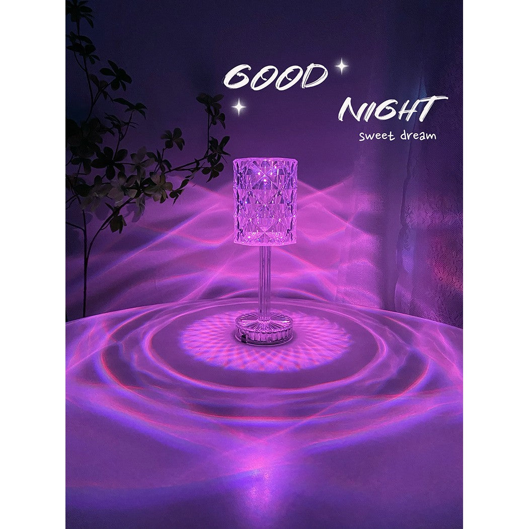 Lampa de birou pe LED RGB 16, Vivimall, dimmer tactil, 3 nivele de intensitate, incarcare USB, 3W, Cristal Acrilic, 13x28 cm, cu telecomanda, forma veioza, transparent - vivimall.ro