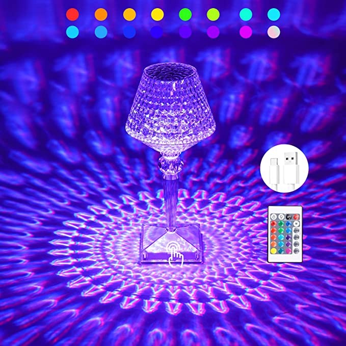 Lampa de birou pe LED RGB 16, Vivimall, dimmer tactil, 3 nivele de intensitate, incarcare USB, 3W, Cristal Acrilic, cu telecomanda, forma pahar, transparent - vivimall.ro