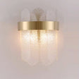 Aplică de perete din inox auriu și cristal transparent, 25×20 cm, vedere frontală cu lumină caldă aprinsă