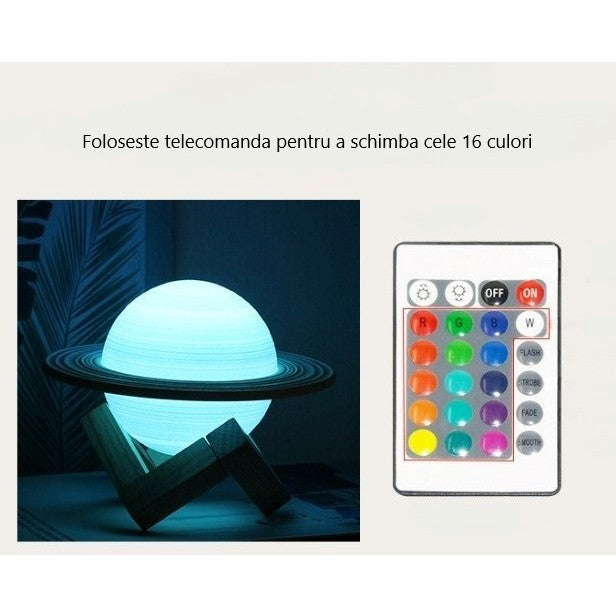 Éjszakai fény távirányítóval, Szaturnusz alakú 3D Szaturnusz fény 16 színben, elemes, fa állvánnyal, 15 cm