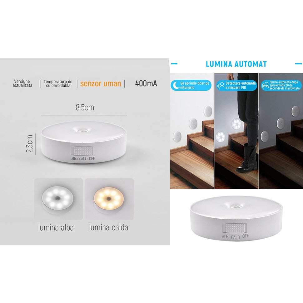 Lampa de Veghe LED, Vivimall, cu Senzor de Miscare, Incarcare USB, 0.6W, 300mAh, Design Rotund, Alb, 8.5x2.3 cm - vivimall.ro