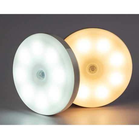 Lampa de Veghe LED, Vivimall, cu Senzor de Miscare, Lumina Alba Calda si Rece, Incarcare USB, 0.6W, 300mAh, Design Rotund, Alb, 8.5x2.3 cm - vivimall.ro