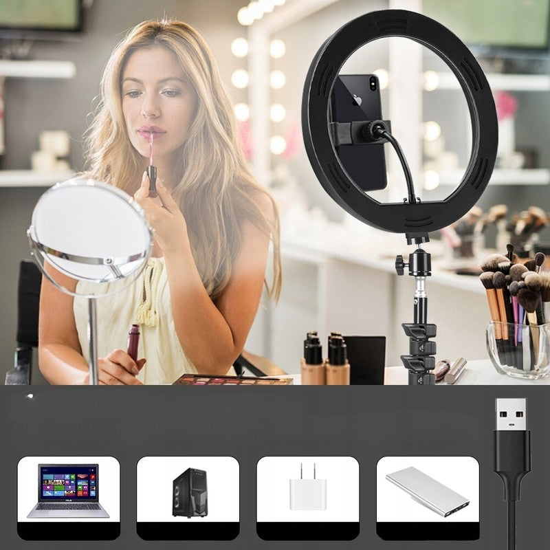 Lampa LED Circulara cu Trepied Metalic Extensibil, Vivimall, Rotativa 360 de Grade, Lungime Extensie 210 cm, Diametru Lampa 26 cm, Conectare USB, Telecomanda, 3 Trepte de Lumina, Negru - vivimall.ro