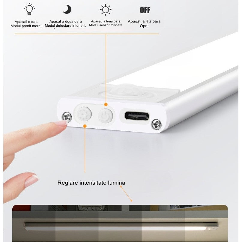 Lampa LED cu Senzor de Lumina si Miscare 20 cm Vivimall, Intensitate Reglabila, Suport Magnetic, 34 LED-uri, 71.49lm , Acumulator 450mAh cu Reincarcare prin USB-C, pentru Bucatarie, Hol, Dressing, Garaj - vivimall.ro