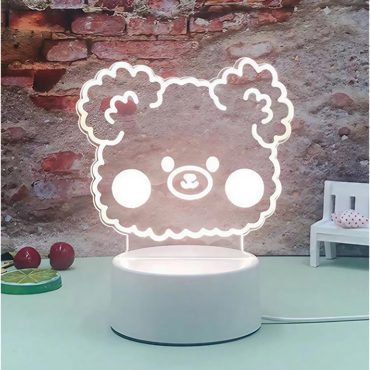 Lampa LED decorativa, Flippy, 3D, Ursulet, din material acril si lumina multicolora, alb - vivimall.ro