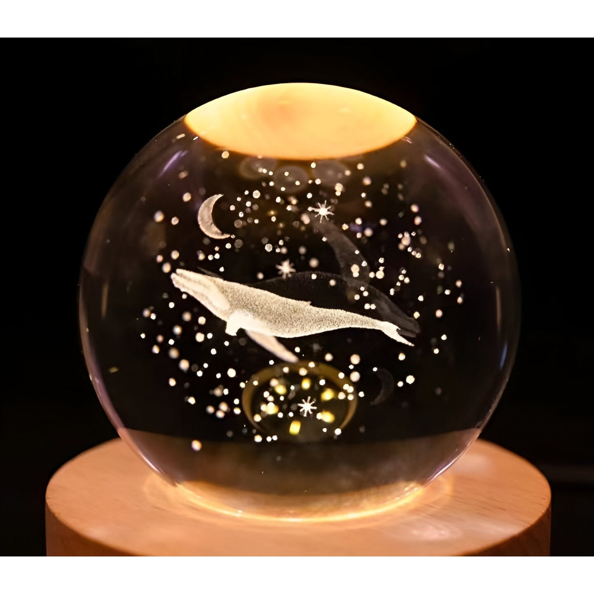 Dekoratív LED lámpa, 6 cm átmérőjű kristálygömbbel, USB tápellátás, fa állvány, világítás
