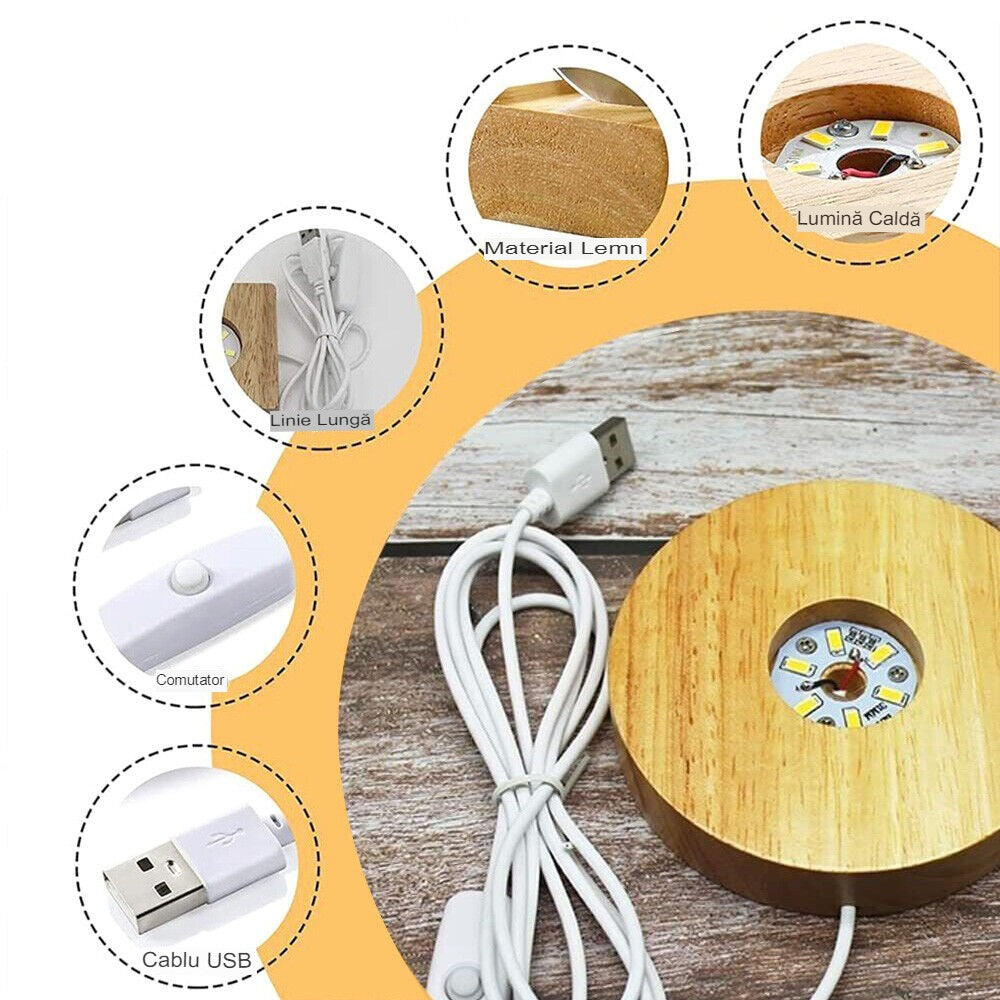 Dekoratív LED lámpa, 6 cm átmérőjű kristálygömbbel, USB tápellátás, fa állvány, világítás