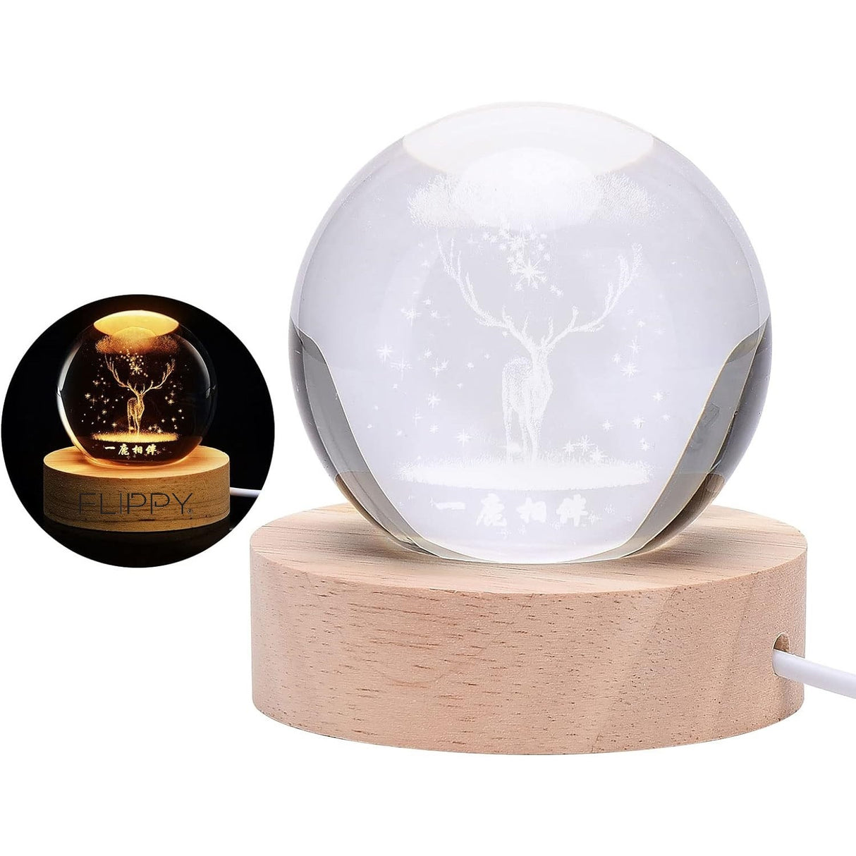 Dekoratív LED lámpa, 6 cm átmérőjű kristálygömbbel, USB tápellátás, fa állvány, világítás