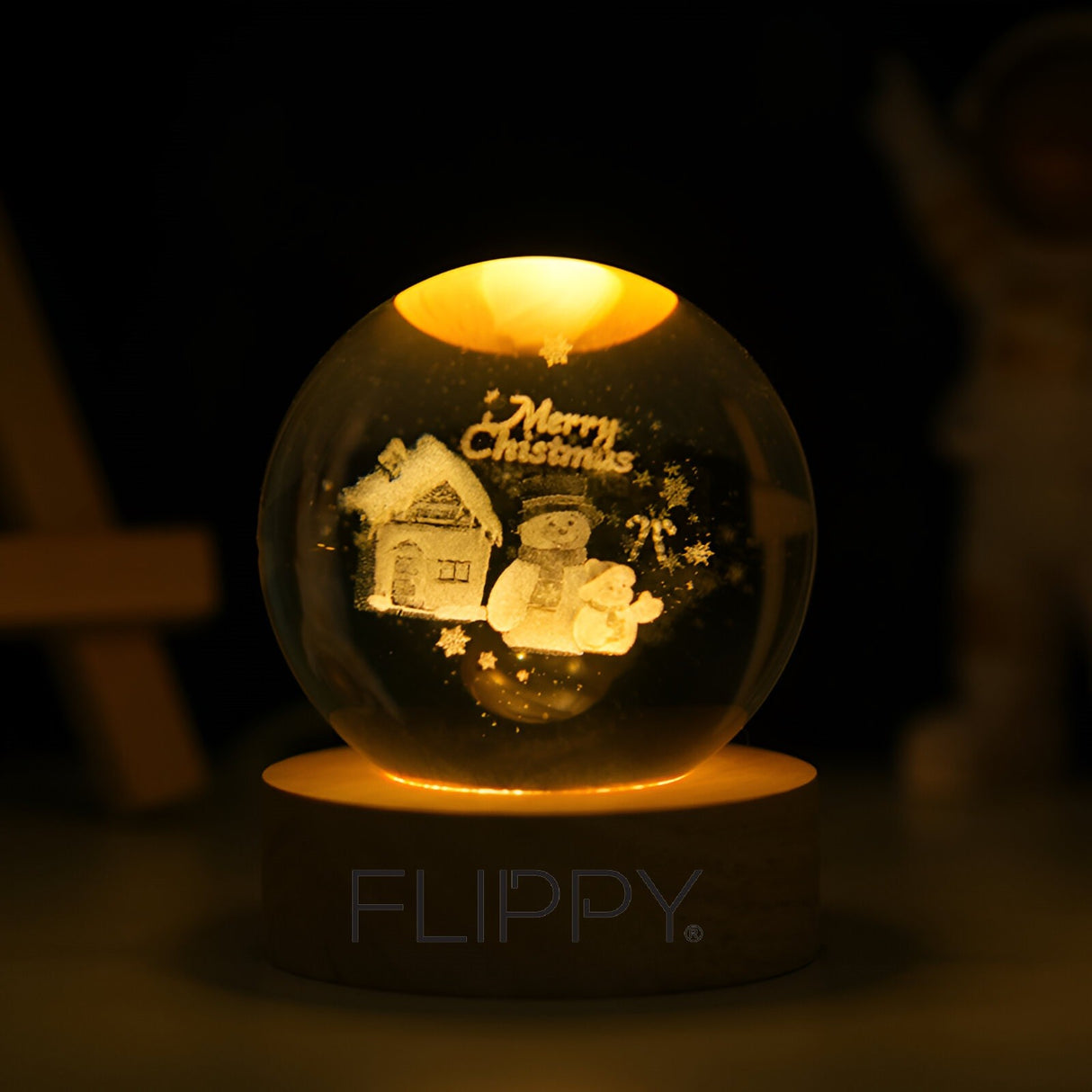 Dekoratív LED lámpa, 6 cm átmérőjű kristálygömbbel, USB tápellátás, fa állvány, világítás