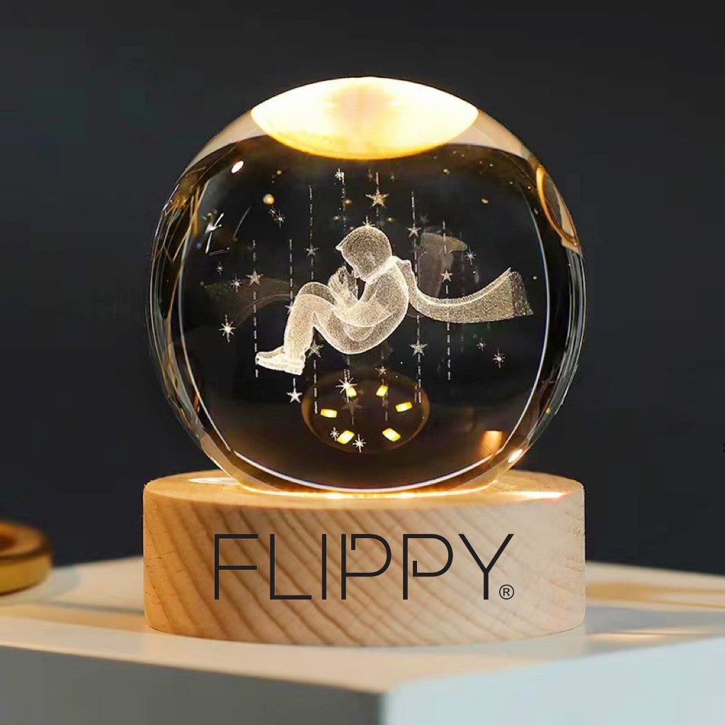 Dekoratív LED lámpa, 6 cm átmérőjű kristálygömbbel, USB tápellátás, fa állvány, világítás
