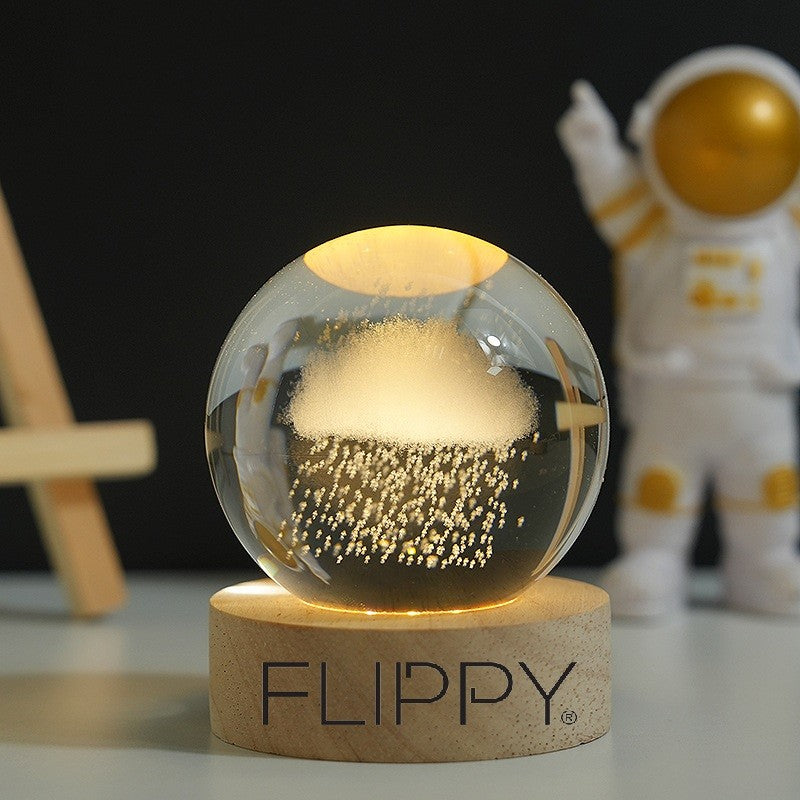 Dekoratív LED lámpa, 6 cm átmérőjű kristálygömbbel, USB tápellátás, fa állvány, világítás