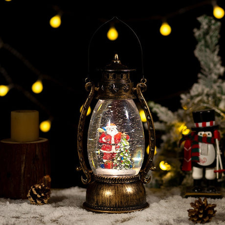 Decoratiune Craciun, Tip Felinar, Figurine Mos Craciun cu Bradul, 3 Moduri, Functie Muzicala, Zapada in Miscare, Functioneaza Cu Baterii ( 3 x AA neincluse), Cablu USB (Inclus), Model Vintage Negru - Auriu, 13.5 x 11 x 25.5 cm, Alb Cald - vivimall.ro