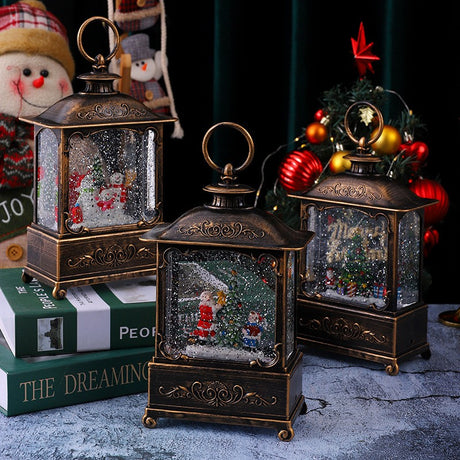 Decoratiune Craciun, Tip Felinar, Figurine Mos Craciun cu Baietel, 3 Moduri, Functie Muzicala, Zapada in Miscare, Functioneaza Cu Baterii ( 3 x AA neincluse), Cablu USB (Inclus), Model Vintage Negru - Auriu, 14.5 x 8 x 23 cm, Alb Cald - vivimall.ro