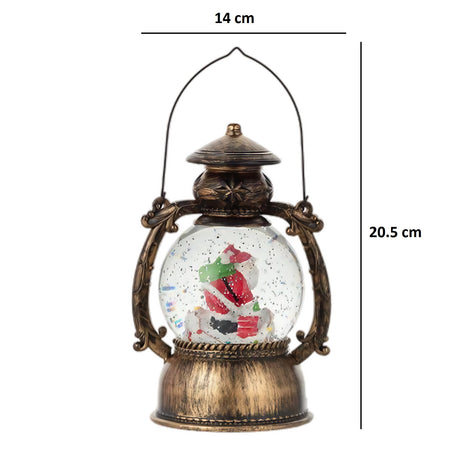 Decoratiune Craciun, Tip Felinar, Figurine Mos Craciun pe Cos, 3 Moduri, Functie Muzicala, Zapada in Miscare, Functioneaza Cu Baterii ( 3 x AA neincluse), Cablu USB (Inclus), Model Vintage Negru - Auriu, 14 x 11 x 20.5 cm, Alb Cald - vivimall.ro