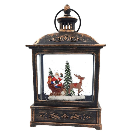 Decoratiune Craciun, Tip Felinar, Figurine Mos Craciun cu Sania, 3 Moduri, Functie Muzicala, Zapada in Miscare, Functioneaza Cu Baterii ( 3 x AA neincluse), Cablu USB (Inclus), Model Vintage Negru - Auriu, 15 x 8.1 x 22.5 cm, Alb Cald - vivimall.ro