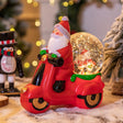 Decorațiune Crăciun motocicletă cu Moș Crăciun și glob muzical 10 cm, vedere frontală, model roșu