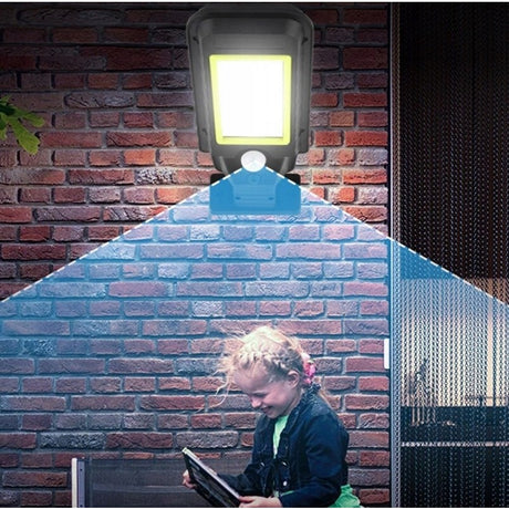 Lampa Solara De Exterior LED Vivimall, 36 cm x 11.5 cm, kit montare inclus, 2880 Lumeni 120 COB LED 24 W - echivalent 192 W bec incadescent, IP65, Senzor de Miscare, 3 moduri de iluminare, Senzor de Lumina, 10 Grile, Alb Rece - vivimall.ro