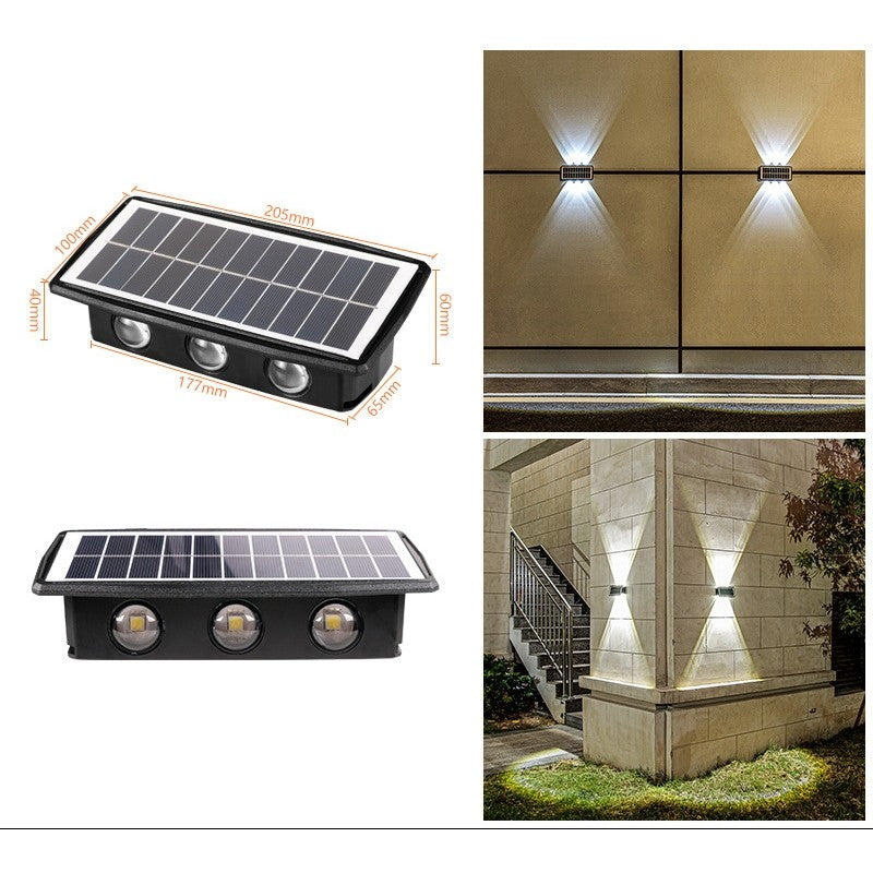 Lampa solara LED bidirectionala dreptunghiulara pentru perete Vivimall, 20.5x10 cm, 6 LED-uri, 5.5V, ABS, 500mAh, rezistent la apa IP65, alb rece - vivimall.ro