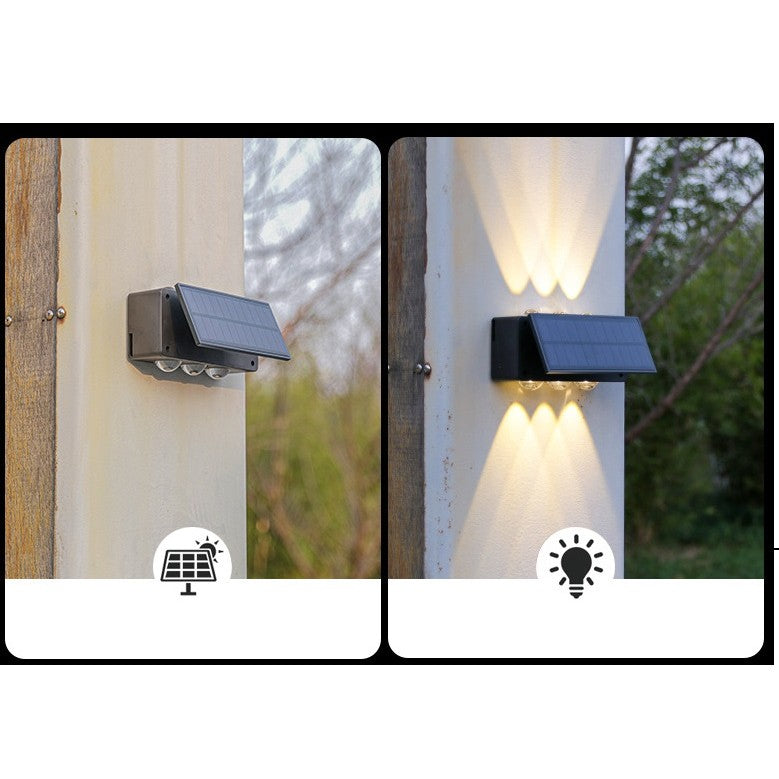 Lampa solara LED bidirectionala Vivimall, cu panou ajustabil, comutator culoare lumina, pentru perete, scari, gradina, terasa, 16 x 6.5 cm, 6 LED-uri, material ABS, baterie 3.7 V, 1200mah, multicolor - vivimall.ro