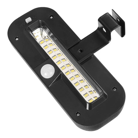 Lampa solara LED dreptunghiulara pentru perete Vivimall, 18 x 7 cm, senzor miscare, 6V, ABS, 2200mAh, rezistent la apa, culoare alb rece, suport negru - vivimall.ro