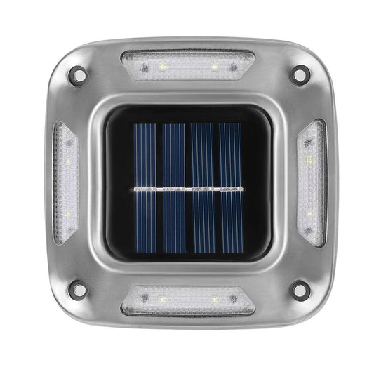 Lampa solara LED pentru gradina Vivimall, 8 LED-uri, prindere de perete sau impamantare, IP65, forma patrat, material ABS si Policarbonat, 9 x 9 cm, baterie 1.2V, 600 mah, alb rece - vivimall.ro