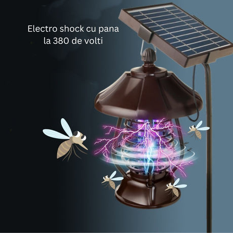 Lampa solara pentru gradina, anti-insecte, tantari, muste, UV, LED, material ABS, putere 5W, 1.2 V, autonomie 8 ore, 2 moduri de functionare, IP65, electric shock 380 volti, 30 x 19.5 cm, maro - vivimall.ro