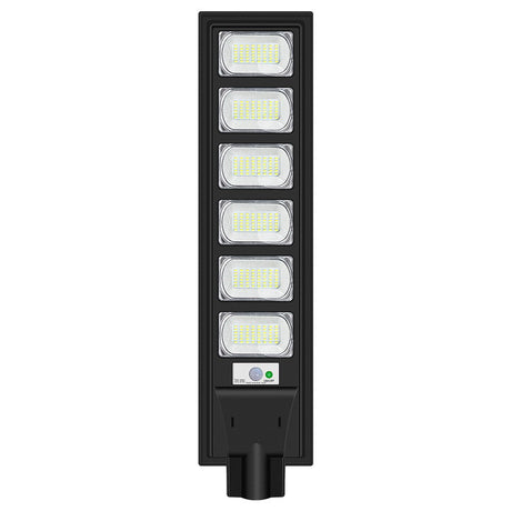 Lampa solara stradala Vivimall, cu telecomanda, senzor de miscare si lumina, suport prindere, 288 LED-uri, IP65, ABS, 15AH, 300W, temperatura culoare 6500K, 79x18.8x5 cm, autonomie 10-12 ore, negru - vivimall.ro
