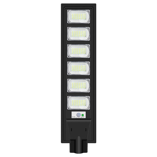 Lampa solara stradala Vivimall, cu telecomanda, senzor de miscare si lumina, suport prindere, 288 LED-uri, IP65, ABS, 15AH, 300W, temperatura culoare 6500K, 79x18.8x5 cm, autonomie 10-12 ore, negru - vivimall.ro