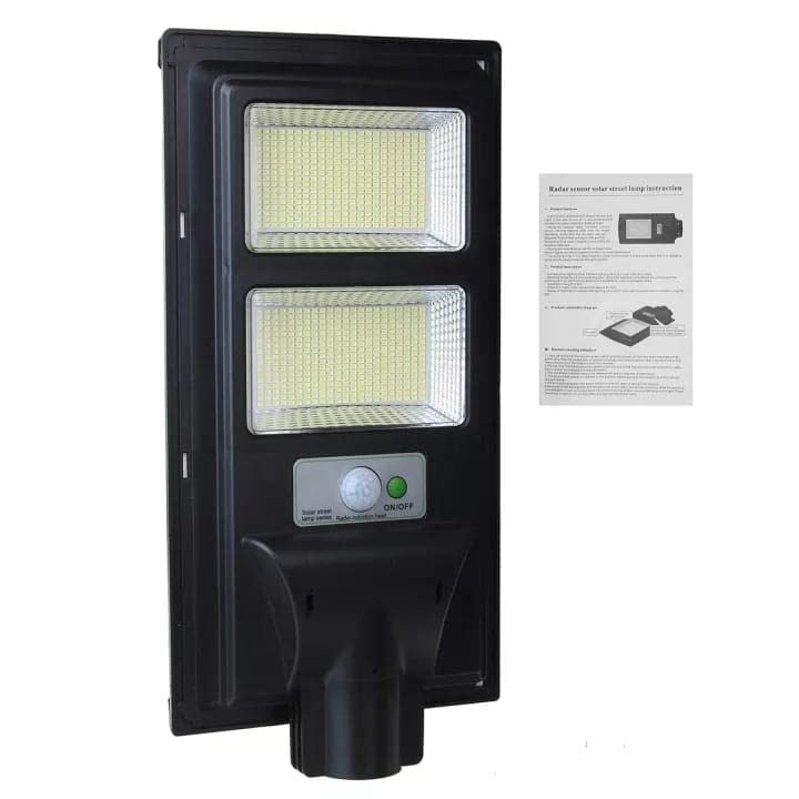 Lampa solara stradala Vivimall, cu suport de prindere si telecomanda, senzor de miscare si lumina, 96 LED-uri, IP65, ABS, 5AH, 100W, temperatura culoare 6500K, 37.8x18.8x5 cm, autonomie 10-12 ore, negru - vivimall.ro