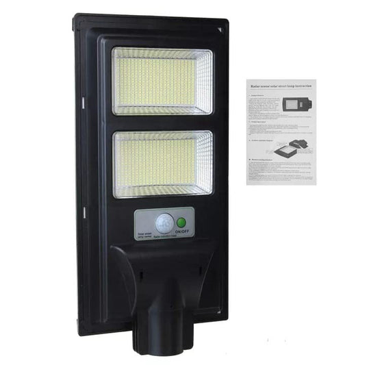 Lampa solara stradala Vivimall, cu suport de prindere si telecomanda, senzor de miscare si lumina, 96 LED-uri, IP65, ABS, 5AH, 100W, temperatura culoare 6500K, 37.8x18.8x5 cm, autonomie 10-12 ore, negru - vivimall.ro