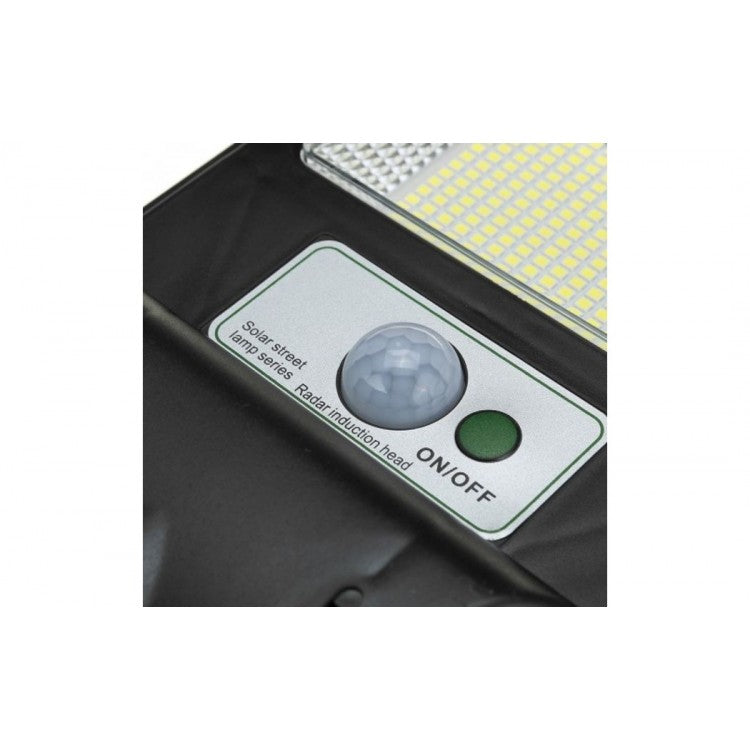 Lampa solara stradala Vivimall, cu telecomanda, senzor de miscare si lumina, suport prindere, 192 LED-uri, IP65, ABS, 8AH, 200W, temperatura culoare 6500K, 58.6x18.8x5-cm, autonomie 10-12 ore, negru - vivimall.ro