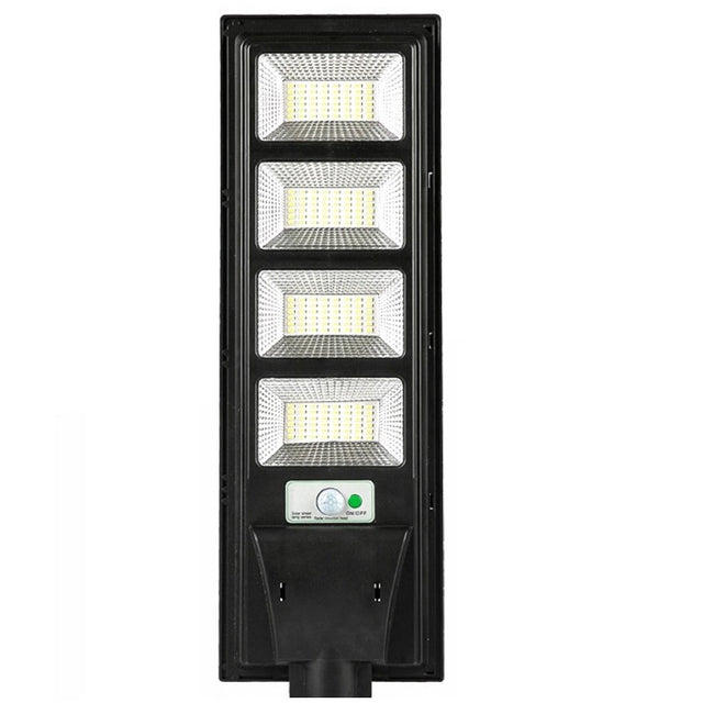 Lampa solara stradala Vivimall, cu telecomanda, senzor de miscare si lumina, suport prindere, 192 LED-uri, IP65, ABS, 8AH, 200W, temperatura culoare 6500K, 58.6x18.8x5-cm, autonomie 10-12 ore, negru - vivimall.ro