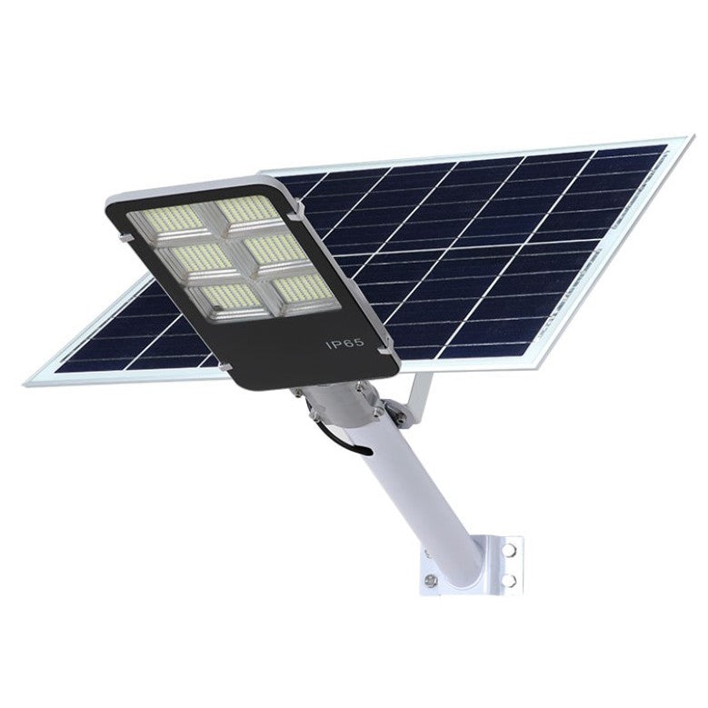 Lampa solara stradala Vivimall, IP65, senzor de lumina, 417 LED-uri SMD, 24000 lm, 300W, autonomie 12-16 ore, telecomanda, montare prin fixare, pentru strada sau gradina, finisaj lucios, material ABS, 49.5 x 21 x 6.5 cm, lumina alb rece - vivimall.ro