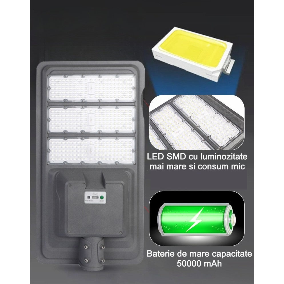 Lampa solara stradala Vivimall, IP65, senzor de lumina, 510 LED-uri SMD, 5000 lm, panou 53W, putere 500W, autonomie 12-16 ore, telecomanda, montare prin fixare, pentru strada sau gradina, finisaj mat, material ABS,  91.6 x 36.5 x 8.7 cm, gri