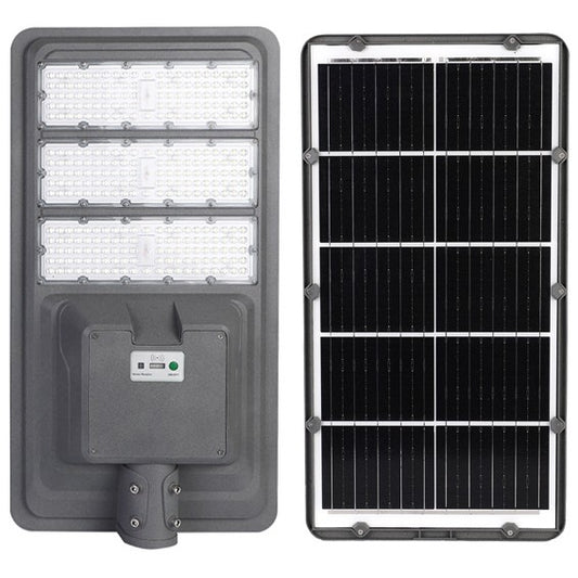 Lampa solara stradala Vivimall, IP65, senzor de lumina, 510 LED-uri SMD, 5000 lm, panou 53W, putere 500W, autonomie 12-16 ore, telecomanda, montare prin fixare, pentru strada sau gradina, finisaj mat, material ABS,  91.6 x 36.5 x 8.7 cm, gri - vivimall.ro