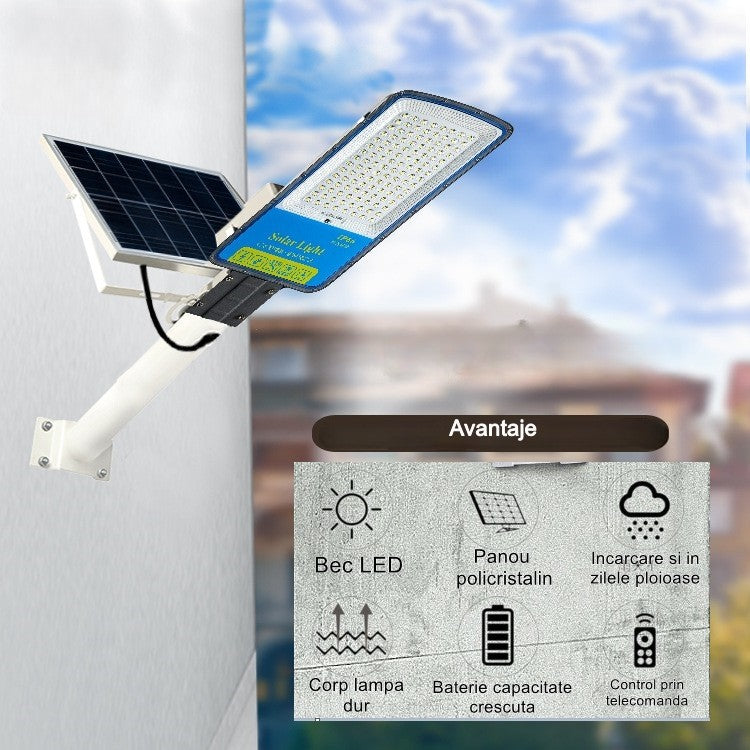 Lampa solara stradala Vivimall, IP66, senzor de lumina, 120 LED-uri SMD, 1800 lm, panou 20W, putere 100W, autonomie 12-16 ore, telecomanda, montare prin fixare, pentru strada sau gradina, finisaj mat, material ABS,  49 x 21 x 5.5 cm, gri - vivimall.ro