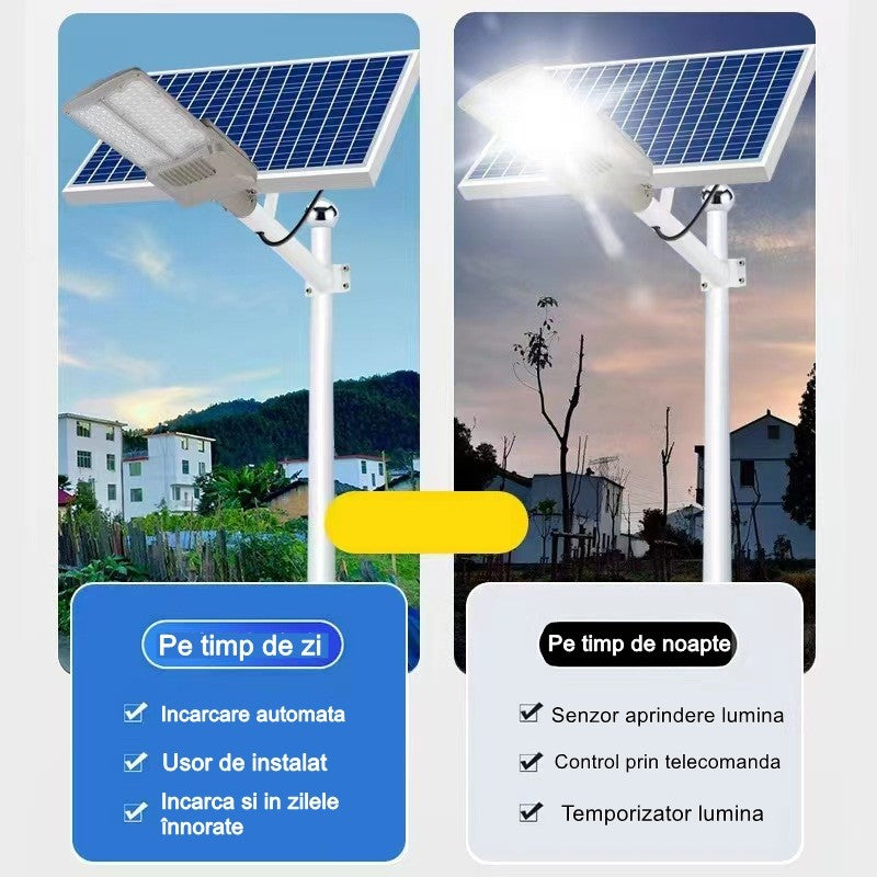 Lampa solara stradala Vivimall, pentru curte sau strada, cu doua grile, finisaj mat, rezistent la apa, montare prin fixare, senzor lumina, baterie de litiu, IP65, lumina rece, putere 500W, autonomie 10 ore, 55 x 23 x 9 cm, gri - vivimall.ro